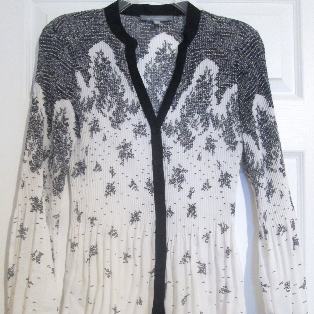 NY Collection White Black Gauze Button Up V-Neck S